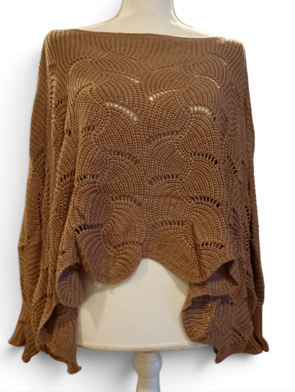Anthropologie Moon & Madison  Open Cable Knit Taupe Knit Crop Poncho Sweater M
